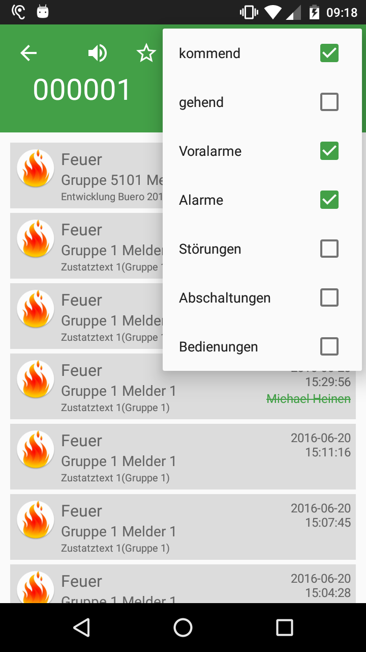 Ereignistabelle mit Filteroptionen